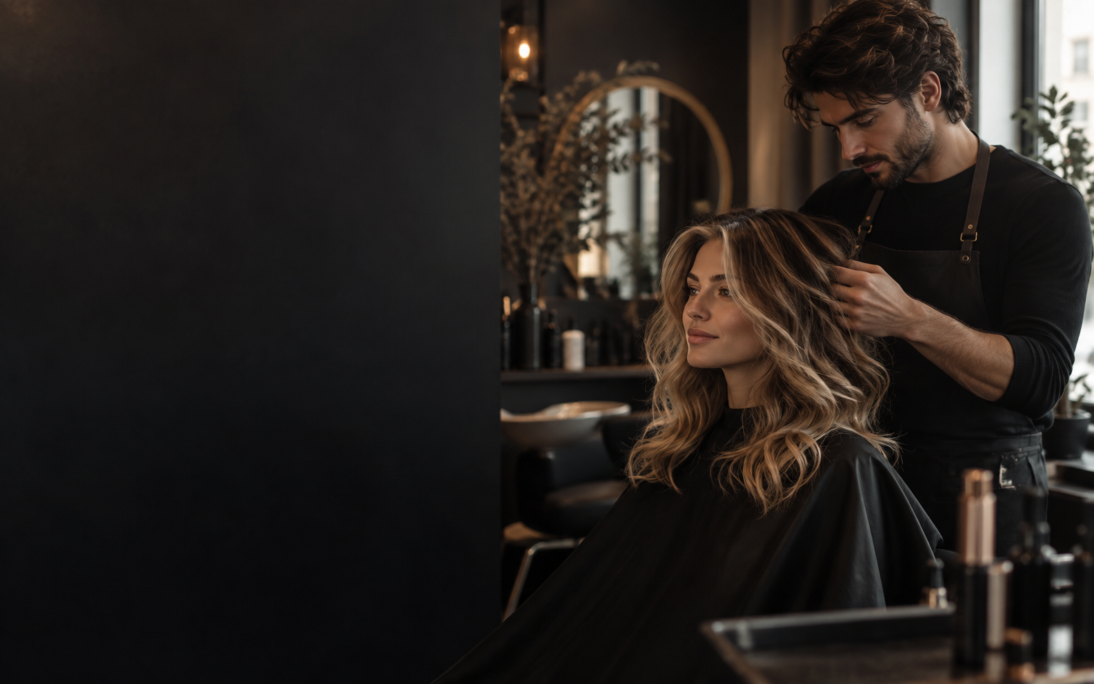 A stylist working on a client's hair in a modern salon